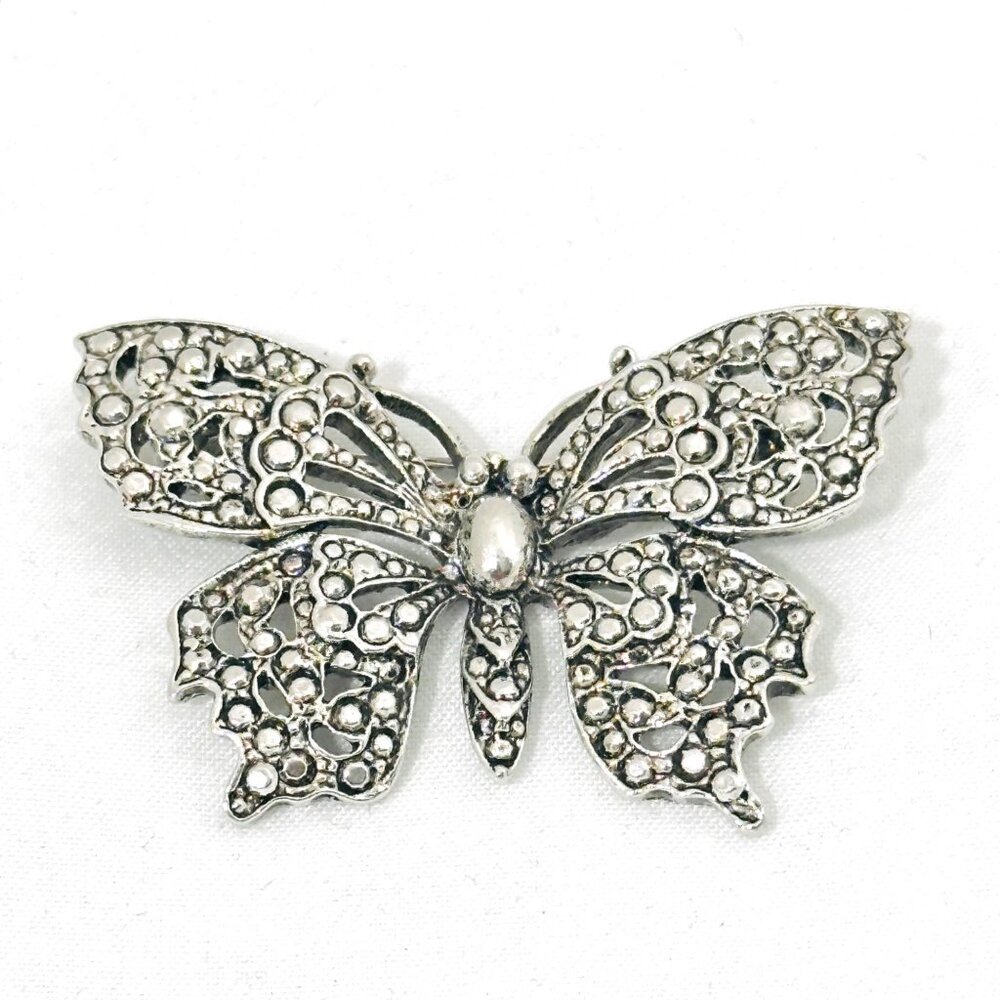 Silver Tone Bead Cut Butterfly Brooch